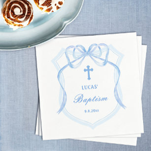 Light Blue Bow Crest Baptism Napkin