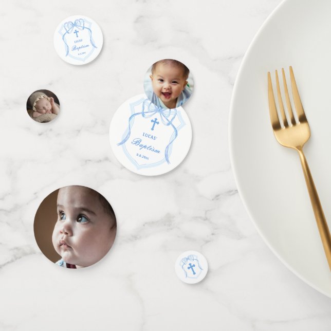 Light Blue Bow Crest Baptism Table Confetti (Group)