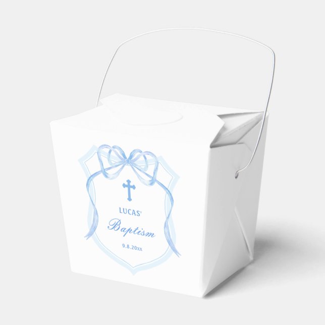 Light Blue Bow Crest Baptism Take Out Favour Box (Front Side)