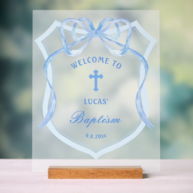 Light Blue Bow Crest Baptism Welcome Acrylic Sign (Neutral)