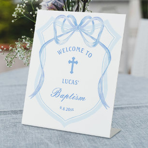 Light Blue Bow Crest Baptism Welcome Pedestal Sign
