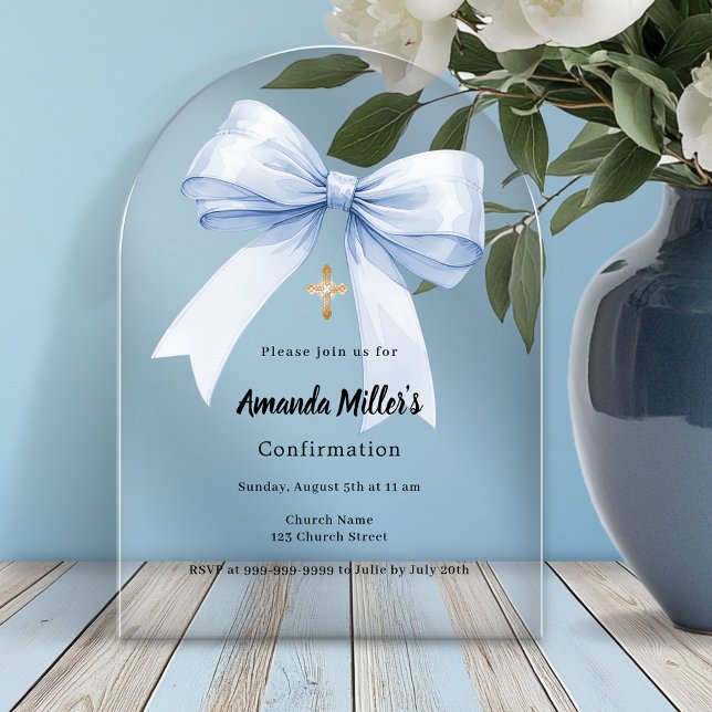 Light blue bow girl arch luxury Confirmation Acrylic Invitations (Creator Uploaded)