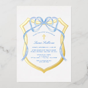 Light Blue Bow Gold Crest Baptism