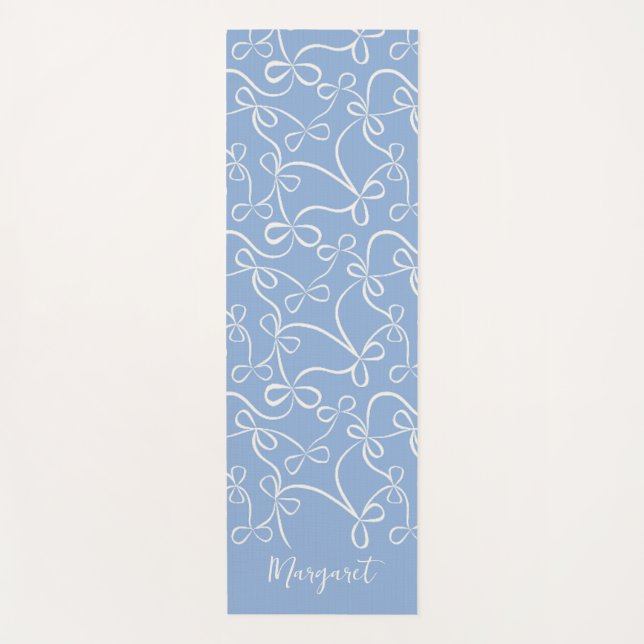 Light Blue Bow Pattern Custom Name Yoga Mat (Front)