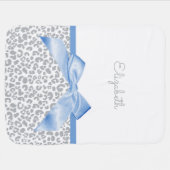 Light Blue Bow With Trendy Leopard Print and Name Baby Blanket (Horizontal)
