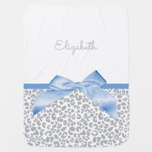 Light Blue Bow With Trendy Leopard Print and Name Baby Blanket