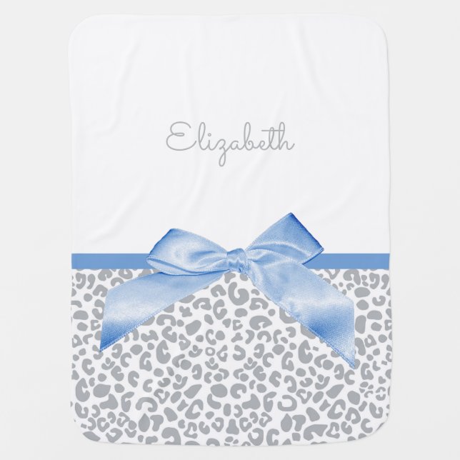 Light Blue Bow With Trendy Leopard Print and Name Baby Blanket (Front)