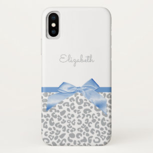 Light Blue Bow With Trendy Leopard Print and Name iPhone X Case