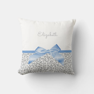 Light Blue Bow With Trendy Leopard Print and Name Cushion