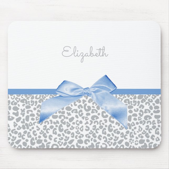 Light Blue Bow With Trendy Leopard Print and Name Mouse Pad (Front)