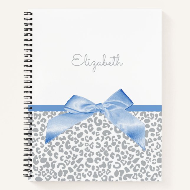Light Blue Bow With Trendy Leopard Print and Name Notebook (Front)