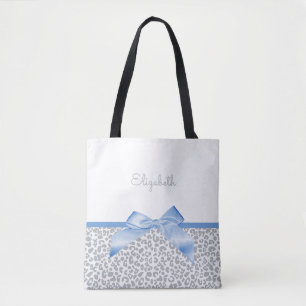 Light Blue Bow With Trendy Leopard Print and Name Tote Bag