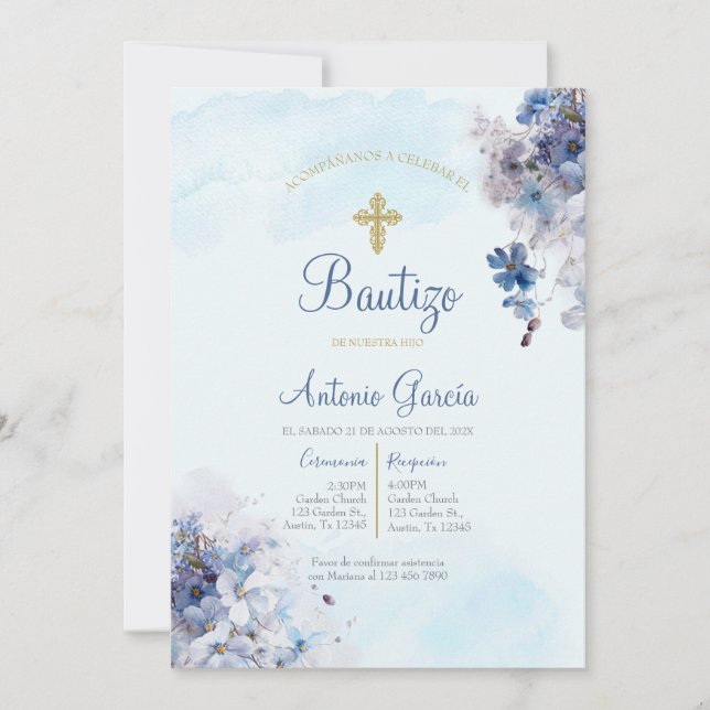 Light blue boy baptism invitation  (Front)