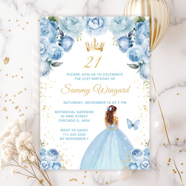 Light Blue Brown Hair Princess Birthday Party Invitation (Creator Uploaded)