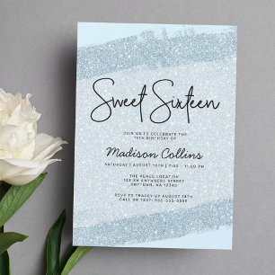 Light Blue Brush Glitter Sweet 16 Invitation