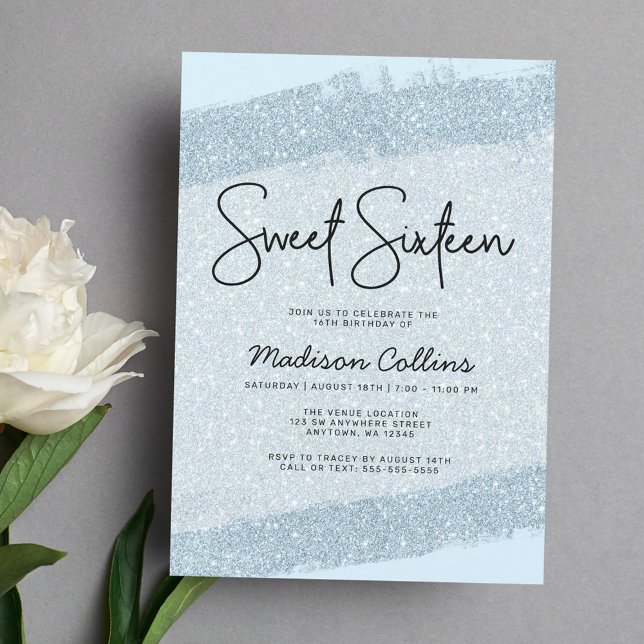 Light Blue Brush Glitter Sweet 16 Invitation (Creator Uploaded)