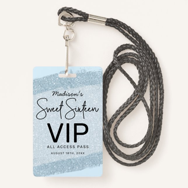 Light Blue Brush Glitter Sweet 16 Invitation VIP ID Badge (Front with Lanyard)