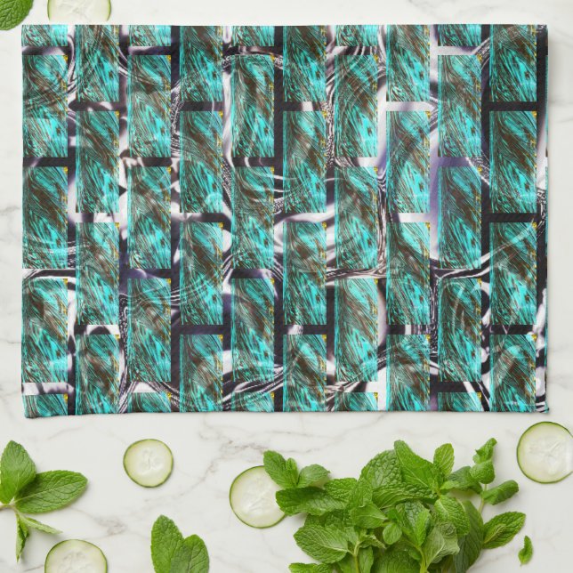 Light blue, bubbles in grid or brick wall effect t tea towel (Folded)