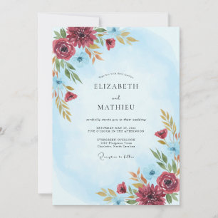 Light Blue Burgundy Exquisite Winter Wedding Invitation