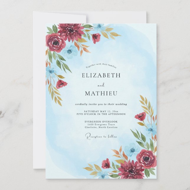Light Blue Burgundy Exquisite Winter Wedding Invitation (Front)