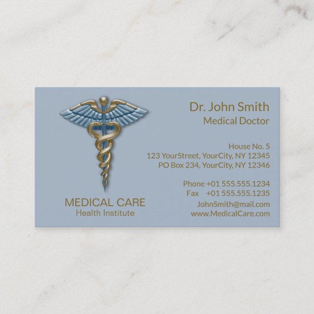 Light Blue Caduceus Medical Faux Gold Foil Stripes Business Card (Front)