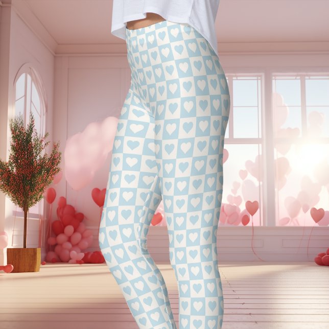 Light Blue Chequerboard Heart Valentine's Leggings (Creator Uploaded)