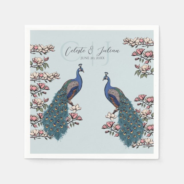 Light Blue Chic Teal Peacock Wedding Napkin (Front)