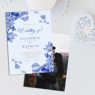 Light Blue Chinoiserie Floral with Photo Wedding Invitation