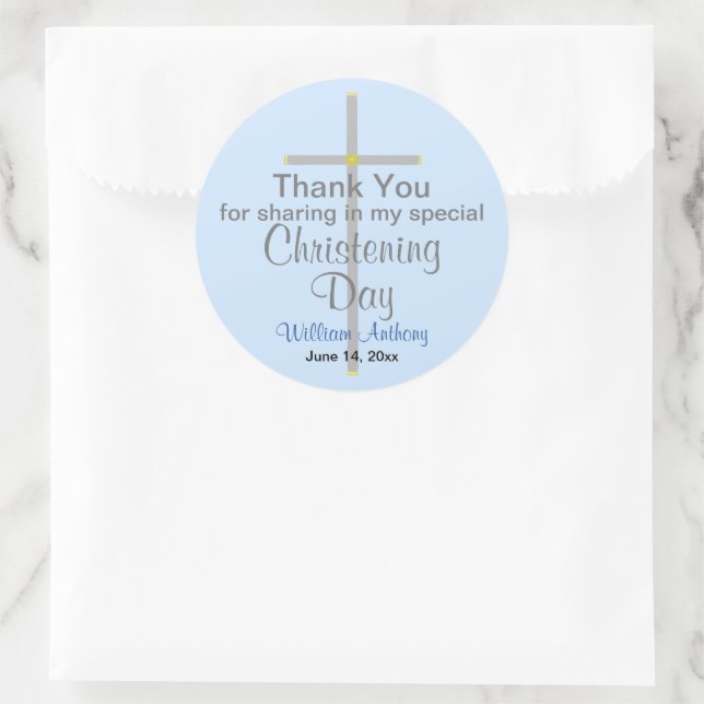 Light Blue Christening Son Thank You  Classic Round Sticker (Bag)