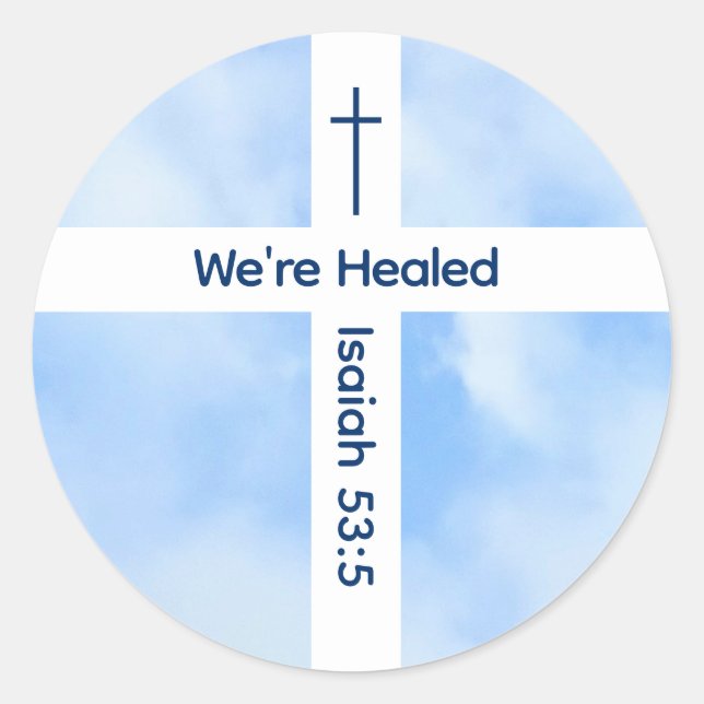 Light Blue Christian Cross Bible Verse Healing  Classic Round Sticker (Front)