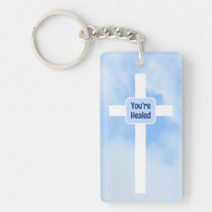 Light Blue Christian Cross Bible Verse Healing Key Ring