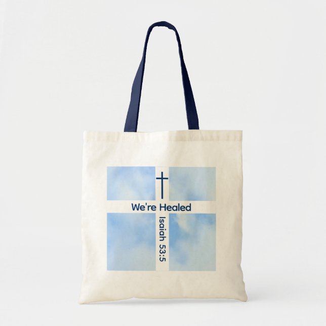 Light Blue Christian Cross Bible Verse Healing  Tote Bag (Front)