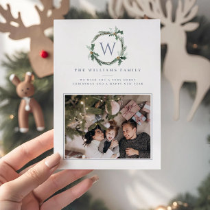 Light Blue Christmas Berries Wreath Holly Monogram Holiday Card