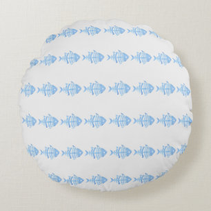 Light Blue Coastal Bedroom Watercolor Fish Pattern Round Cushion