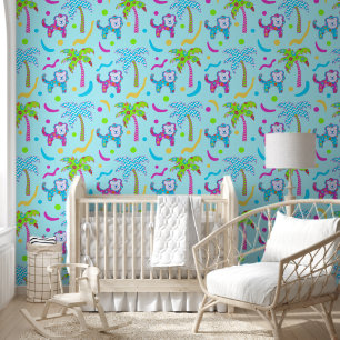 Light Blue Colourful Lions In The Jungle Pattern Wallpaper