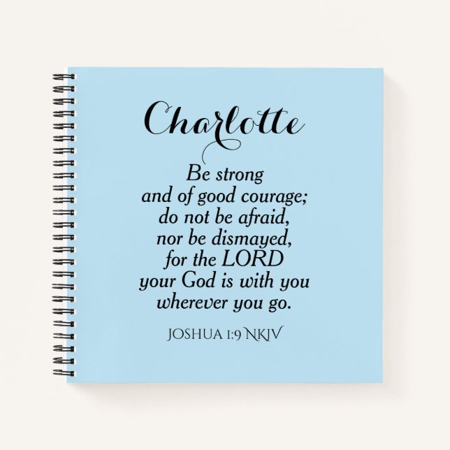 Light Blue Courage Bible Verse Custom Name Simple Notebook (Front)