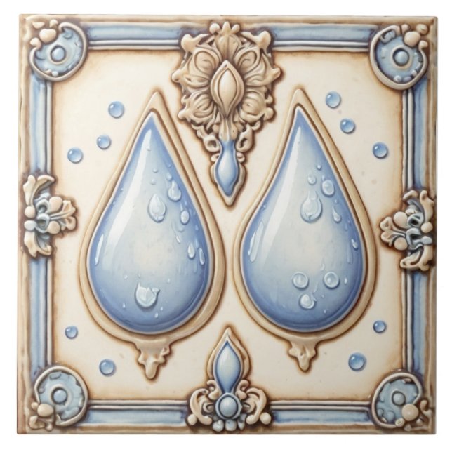 Light Blue & Cream Water Drops Bathroom Tile (Front)