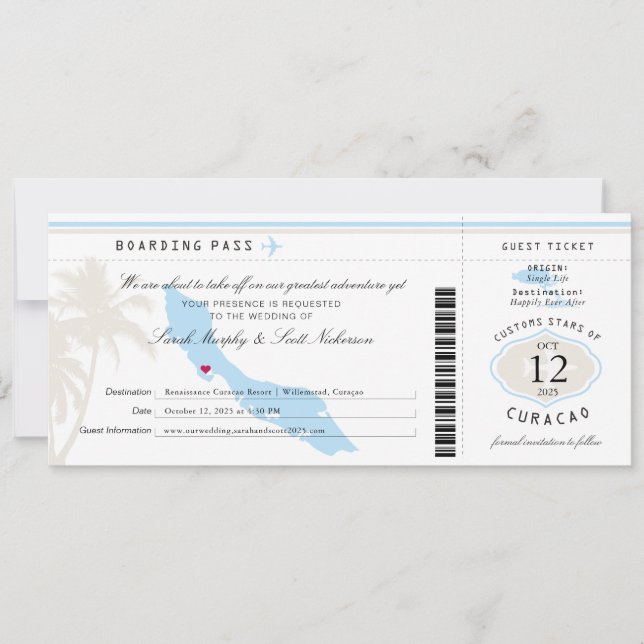 Light Blue Cream Wedding Boarding Pass to Curacao Save The Date (Front)