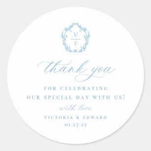 Light Blue Crest Monogram Wedding Thank You Classic Round Sticker