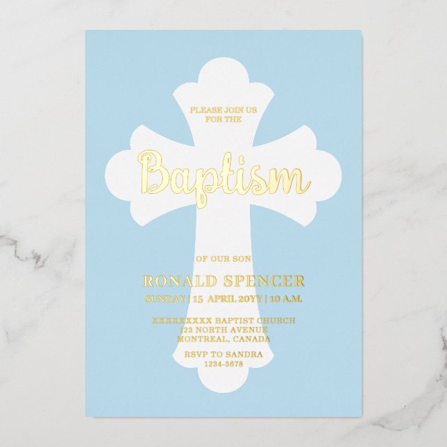 Light Blue Cross Baptism invitation Gold  (Front)