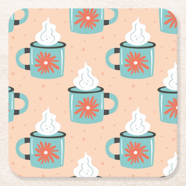 Light Blue Cup Seamless Pattern. Square Paper Coaster (Front)