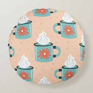 Light blue cup with steam seamless pattern, textur round cushion