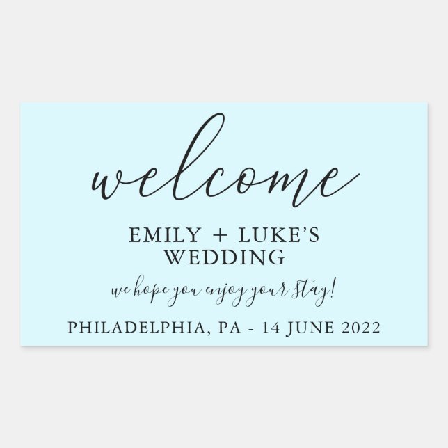 Light Blue Custom Wedding Welcome Rectangular Sticker (Front)