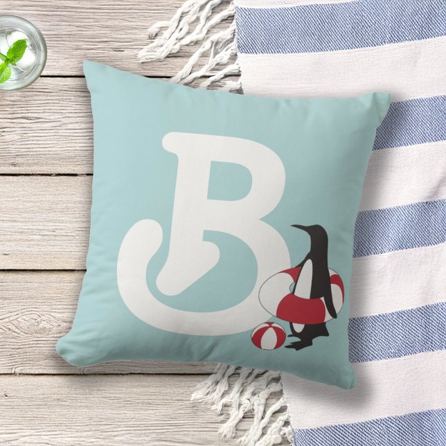 Light Blue Cute Cartoon Penguin Kids Monogram Cushion (Creator Uploaded)