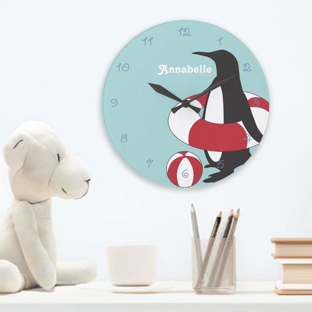 Light Blue Cute Cartoon Penguin Swimming Kids Large Clock (Creator Uploaded)