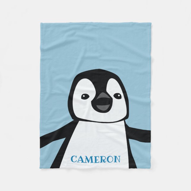 Light Blue Cute Penguin Nursery Personalized Fleece Blanket (Front)