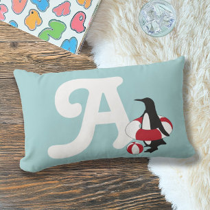 Light Blue Cute Penguin Swimming Kids Monogram Lumbar Cushion