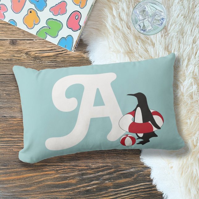 Light Blue Cute Penguin Swimming Kids Monogram Lumbar Cushion (Creator Uploaded)