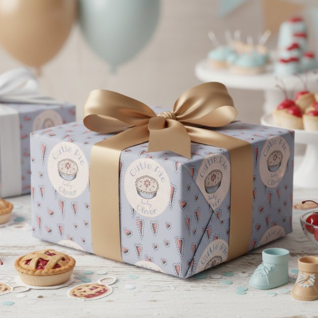 Light Blue Cutie Pie Baby Boy Wrapping Paper (Boho A Little Cutie Pie Thanksgiving Baby Shower Wrapping Paper for Fall. Autumn Pie and Cute Hearts)