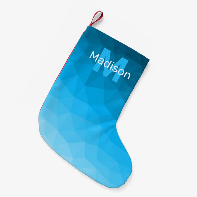 Light blue cyan geometric mesh pattern Monogram Small Christmas Stocking (Front (Hanging))